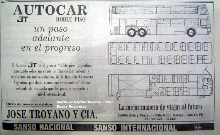 El primer doble piso
Aviso de José Troyano y Cia de Septiembre de 1987 publicitando su Autocar Doble Piso
