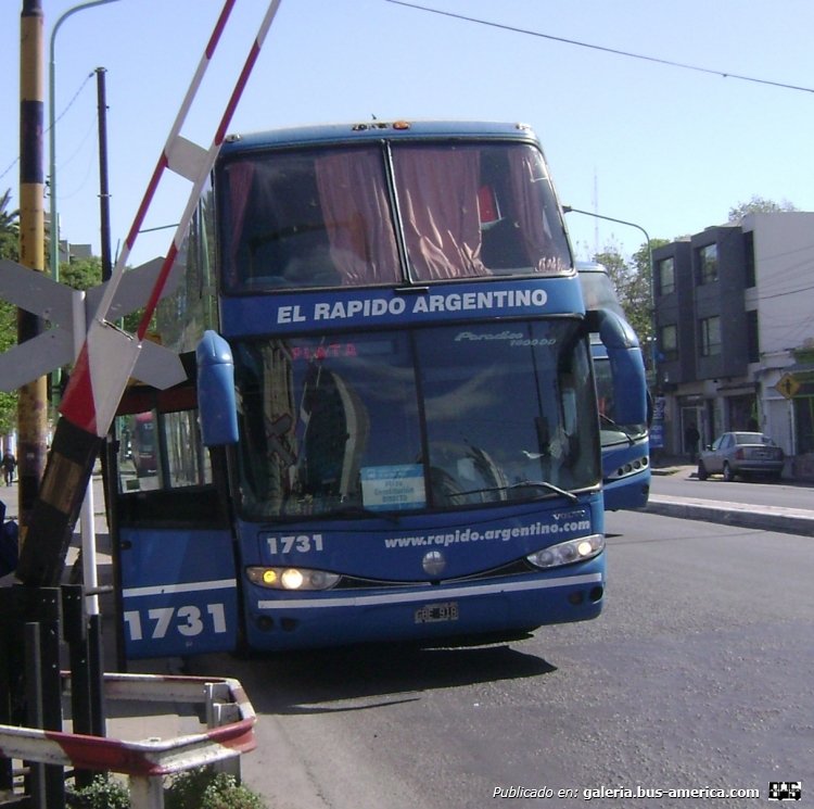 Volvo - Marcopolo Paradiso (en Argentina) - El Rápido Argentino
GBE 918
Interno 1731
Al servicio de SOFSE Línea General Roca: Plaza Constitución - La Plata directo por autopista.

Foto: Sebastián Gutiérrez
Palabras clave: marcopolo volvo el rapido argentino 1731