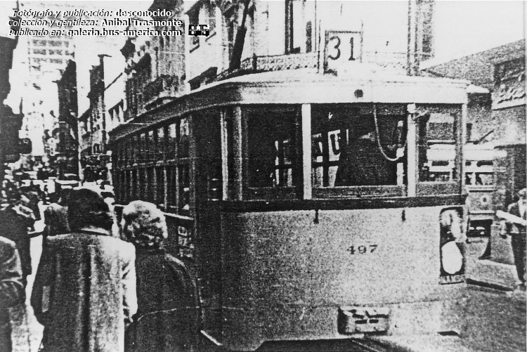 Brill 21E - CTAA Caseros - TBA
Línea 31 (Buenos Aires), unidad 497

Fotografo: desconocido
Colección y gentileza: Anibal Trasmonte

Puede conocer la historia de esta una de las líneas que circulaban por allí en: [url=http://bus-america.com/revista/Notas/30&31.htm]Revista Bus América, líneas 30 y 31, sus histórias[/url]

"Tranvía serie 490 en la 31. Estos coches, de 36 asientos, fueron recarrozados en talleres Caseros de la Cía.T. Anglo Argentina, al estilo CATITA (Cía. Argentina de Talleres Industriales, Transportes y Anexos)."


Archivo posteado por segunda vez, originalmente posteado en 2018
