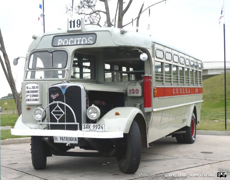 ACLO - Águla - C.U.T.C.S.A.
SAK 9924
CUTCSA 130. A Regal II con plataforma abierta trasero y volante a la derecha. ¿Nuevo en CUTCSA en 1938, con un cuerpo de madera hecha en Uruguay por Águila, número de flota 491. Se pasa a ser 130 en 1954, y reconstruido con su cuerpo de madera en 1962 por CUTCSA, el mayor operador de autobuses urbano en Montevideo. Fue sustituido por un Leyland Worldmaster en 1971 y vendido a un operador de las rutas nacionales, cerca de Montevideo, CO del Este, fn.8. En 1985 fue vendido a un solo operador de autobús en la zona rural del norte de Uruguay, trabajando en una ruta de 90 km. la mayoría de ellos sin pavimentar, desde Santa Clara a Paso de Pereira, cerca del Río Negro, donde trabajó hasta 1994. El ACLO está pintado en la antigua librea CUTCSA, de color gris claro con una banda roja escrito con "CUTCSA 130" en blanco en sombras . Propiedad de CETCU, un grupo de enthusiastics autobús, fue restaurado por Cutcsa en 1997. El 20 de julio 1999 Este bus fue declarado "Monumento Histórico Nacional" por el gobierno uruguayo. Ahora se representa la historia de Cutcsa en eventos y desfiles. Se encuentra en excelentes condiciones.
Palabras clave: cutcsa