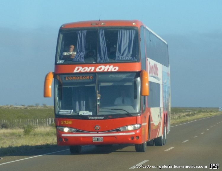 Marcopolo Paradiso (en Argentina) - Don Otto
KHR 294
Interno 5156 
Don Otto con destino a Comodoro Rivadavia, sobre la Ruta Nacional 3, en cercanías de Puerto Madryn

Foto de autoría propia
Palabras clave: Marcopolo Paradiso