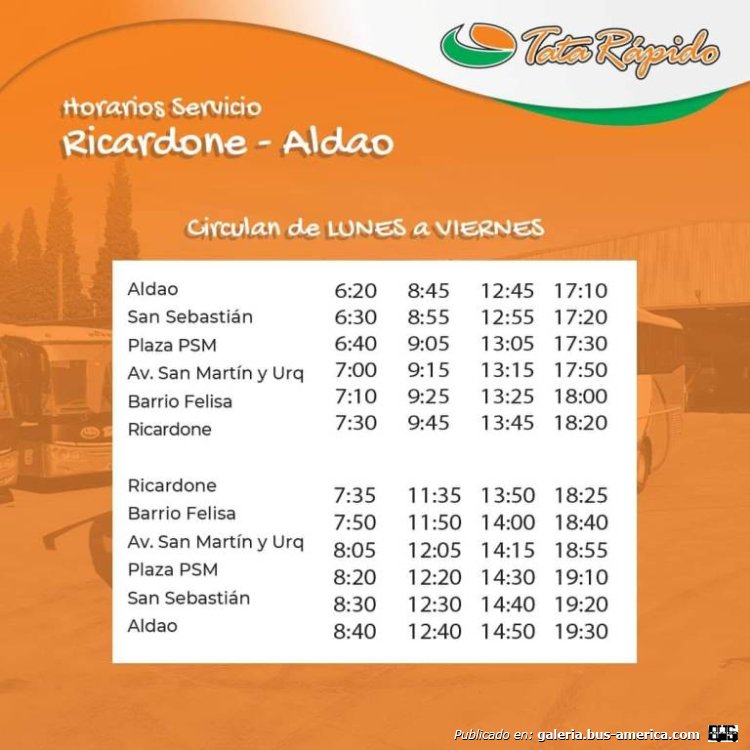 Tata Rápido
Concesión Aldao-Ricardone

Horarios extraído de: 30noticias.com
Extraído a su vez de: www.tatarapido.com
