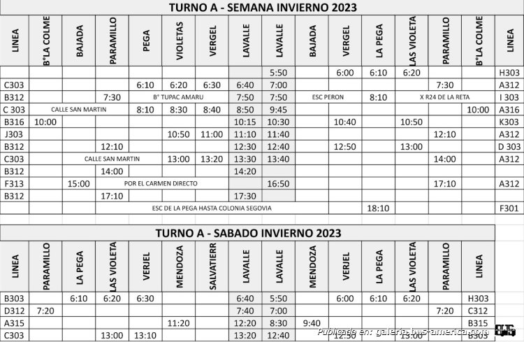 Prestaciones
Líneas 303 , 312 , 313 , 315 , 316 (Prov. Mendoza)

Planilla de Horarios Lunes a Sábados

Fotografía extraída de: www.prestacionessa.com.ar
