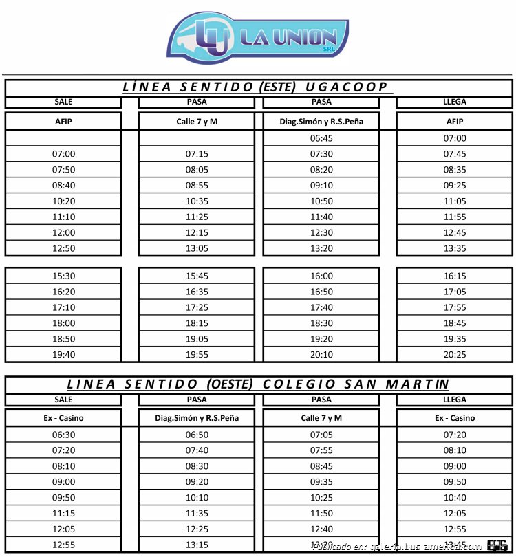 La Unión
Líneas Este & Oeste (Gral. Alvear)

Horarios 2023
Fotografía: La Unión S.R.L.
