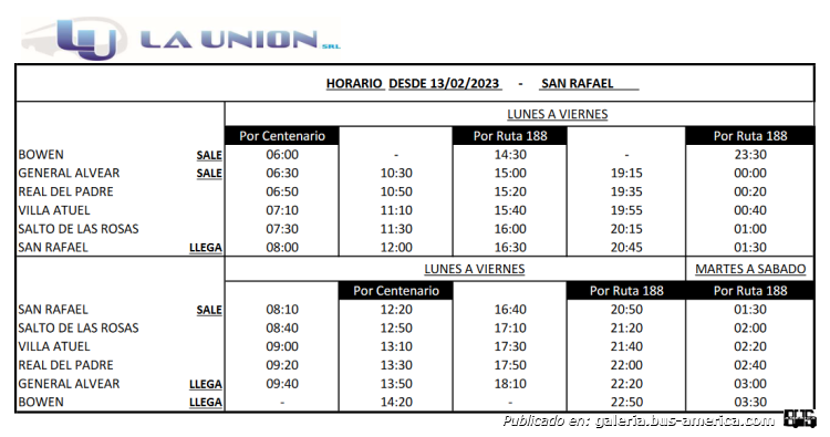 La Unión
Línea 622 (Prov. Mendoza)

Horarios 2023
Fotografía: La Unión S.R.L.
