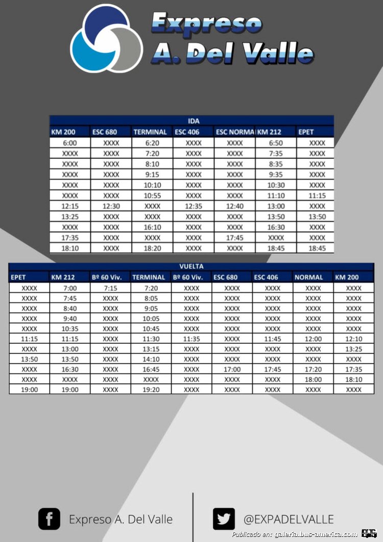 Aristóbulo del Valle
Línea Km200-EPET (A.del Valle)
Horarios

Extraído de: [url=https://adelvalleturismo.com.ar/servicios/detalles/65/Empresa-de-Transporte-de-Pasajeros-%22Expreso-A.-del-Valle%22]Municipalidad de Aristóbulo del Valle, turismo[/url]
