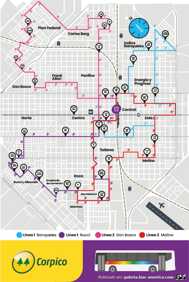 CORPICO
Líneas 1 & 2 (Gral.Pico)

RECORRIDO LINEAS CORPICO

Fuente: [url=https://www.corpico.com.ar/transporte]CORPICO[/url]
