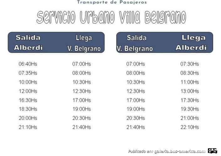Escaba Bus
Línea 369 (J.B.Alberdi) Ramal Villa Belgrano
Horarios 2024

Fotografía de: [url=https://www.facebook.com/photo.php?fbid=430008882872688&set=pb.100075907407692.-2207520000&type=3]Línea 369[/url], en facebook.com
