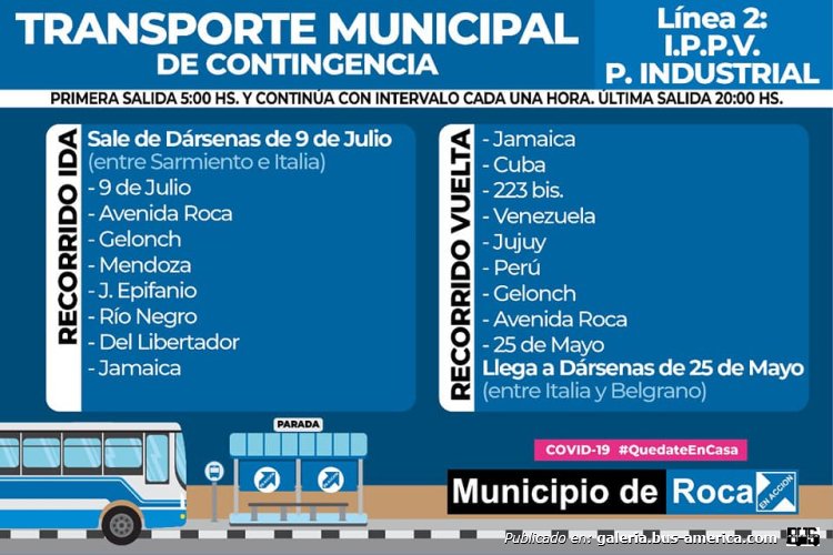 Municipalidad de General Roca
Línea 2 (Gral.Roca) ramal IPPV-P.Industrial
Recorrdio & horarios julio 2020

Planilla extraída de: [url=https://www.facebook.com/permalink.php/?story_fbid=4611147118899170&id=416744201672837]Municipalidad de Gral.Roca[/url], en facebook
