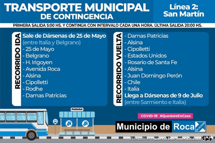 Municipalidad de General Roca
Línea 2 (Gral.Roca) ramal San Martín
Recorrdio & horarios julio 2020

Planilla extraída de: [url=https://www.facebook.com/permalink.php/?story_fbid=4611147118899170&id=416744201672837]Municipalidad de Gral.Roca[/url], en facebook
