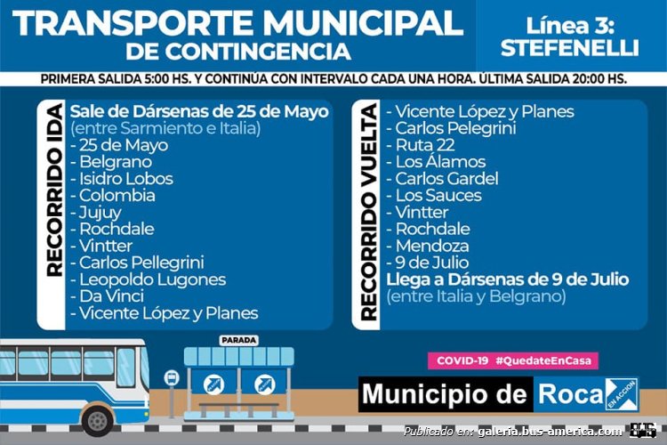 Municipalidad de General Roca
Línea 3 (Gral.Roca) ramal Stefenelli
Recorrdio & horarios julio 2020

Planilla extraída de: [url=https://www.facebook.com/permalink.php/?story_fbid=4611147118899170&id=416744201672837]Municipalidad de Gral.Roca[/url], en facebook
