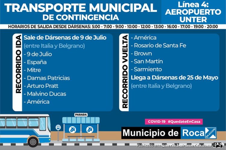 Municipalidad de General Roca
Línea 4 (Gral.Roca) ramal Aeropuerto-Unter
Recorrdio & horarios julio 2020

Planilla extraída de: [url=https://www.facebook.com/permalink.php/?story_fbid=4611147118899170&id=416744201672837]Municipalidad de Gral.Roca[/url], en facebook
