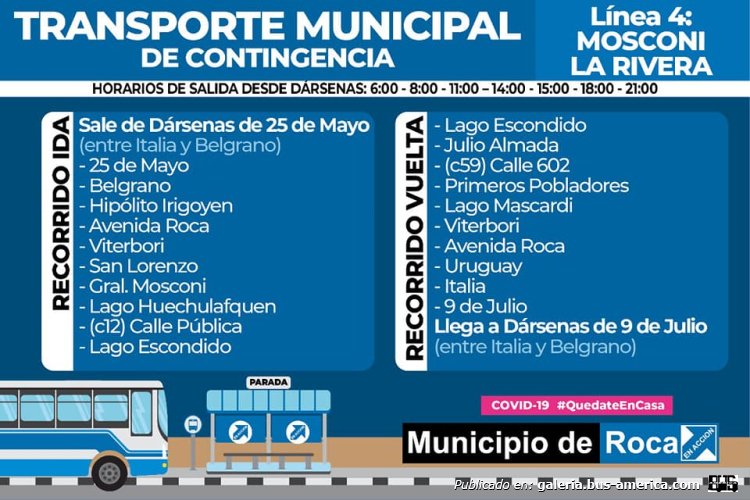 Municipalidad de General Roca
Línea 4 (Gral.Roca) ramal Moscoloni-La Rivera
Recorrdio & horarios julio 2020

Planilla extraída de: [url=https://www.facebook.com/permalink.php/?story_fbid=4611147118899170&id=416744201672837]Municipalidad de Gral.Roca[/url], en facebook
