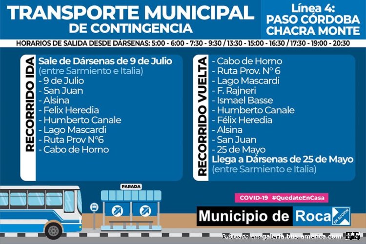 Municipalidad de General Roca
Línea 4 (Gral.Roca) ramal Paso Cordoba-Chacra Nonte
Recorrdio & horarios julio 2020

Planilla extraída de: [url=https://www.facebook.com/permalink.php/?story_fbid=4611147118899170&id=416744201672837]Municipalidad de Gral.Roca[/url], en facebook
