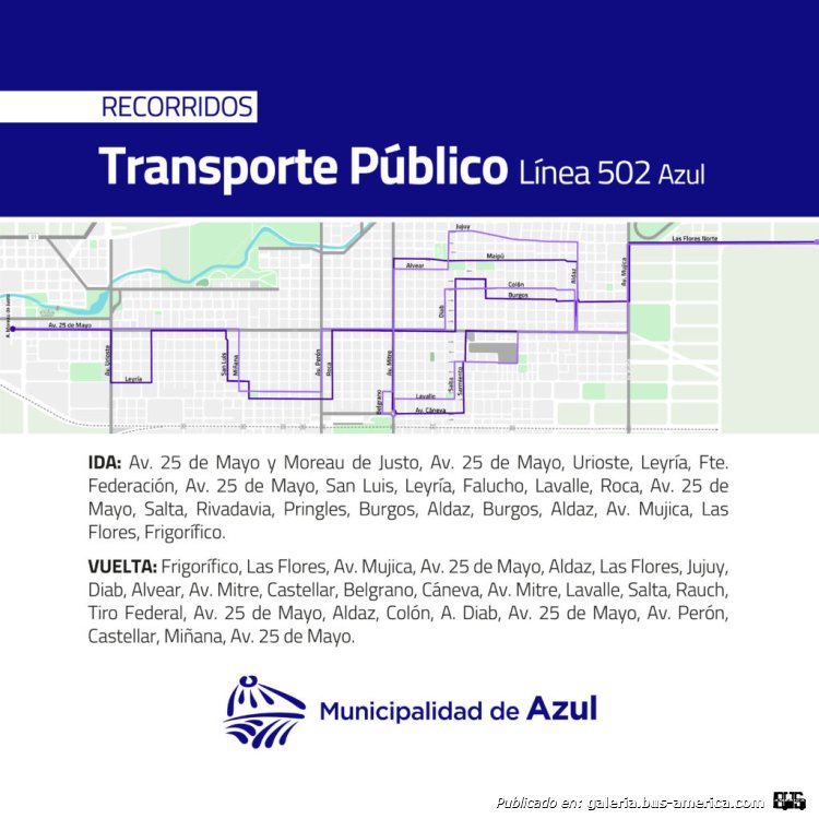 La Unión
Línea 502 (Pdo.Azul)

Plano e información de recorrdios obtenida de: [url=https://azuldigital.gob.ar/recorrido-de-colectivos/]Municipalidad de Azúl[/url]
