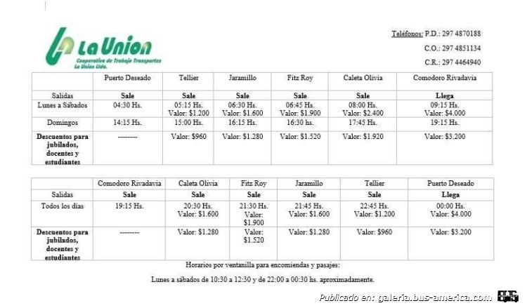 Coop. La Union
Línea Cro.Rivadavia-Pto.Deseado
Horarios febrero 2023

Extraído de: [url=https://deseadonoticias.com/2023/02/17/cooperativa-la-union-amplio-la-frecuencia-de-viajes/]Desaado Noticias .com[/url]
