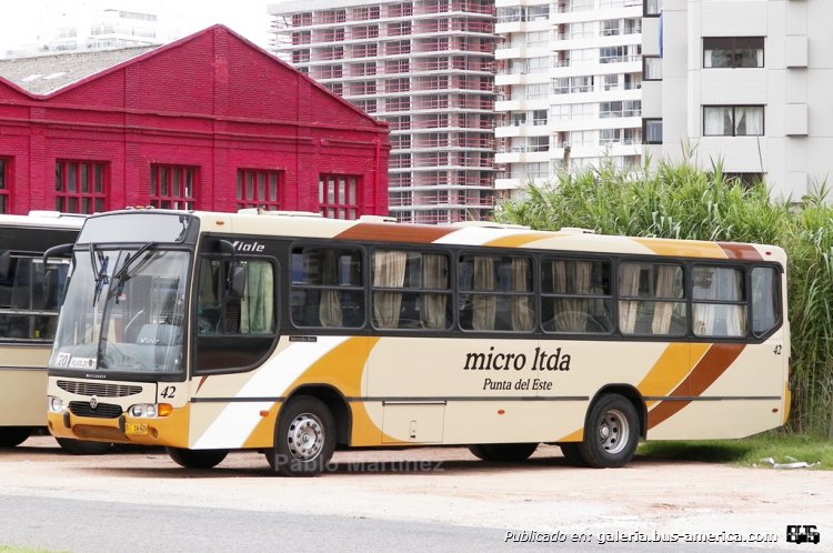 MARCOPOLO VIALE (en Uruguay) -Micro Ltda.-
Estacionado en las cercanías de la terminal de Punta del Este, el interno 42 de la empresa Micro Ltda. aguarda retomar servicios. 
Patente B 16-624

Foto: Pablo Martínez
Palabras clave: MARCOPOLO VIALE MERCEDES BENZ MICRO URUGUAY PUNTA DEL ESTE