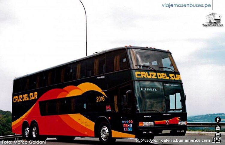 Volvo B - Marcopolo GV Paradiso 1800 DD (en Perú) - Cruz del Sur
Fotografía: viajemosenbuses.pe
Palabras clave: cruz del sur