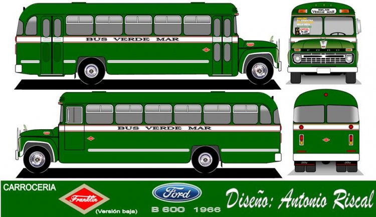 Ford B 600 - Franklin - Verde Mar
Línea D (Santiago)

Dibujo: Antonio Riscal

Puede conocer la historia de esta carrocera en: [url=https://www.bus-america.com/CHcarrocerias/Franklin/Franklin-histo.php]Historia de carrocerías Franklin[/url]

